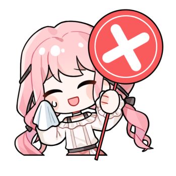 1girl ^_^ artist_request bare_shoulders belt black_belt black_bow black_ribbon blush_stickers bow bra_strap chibi choker closed_eyes cropped_legs frilled_shirt frilled_sleeves frills hair_bow hair_ribbon handkerchief holding holding_handkerchief holding_sign infinity_nikki layered_skirt leaning_to_the_side long_hair long_sidelocks long_sleeves low_twintails nervous nervous_smile nikki_(nikki) nikki_(series) off-shoulder_shirt off_shoulder official_art open_mouth perfect_start_(infinity_nikki) pink_hair pink_skirt puffy_long_sleeves puffy_sleeves ribbon shirt sidelocks sign skirt sleeves_past_wrists smile solo standing sweatdrop transparent_background tress_ribbon twintails very_long_hair wavy_hair white_choker white_shirt wiping_sweat x_(symbol)