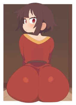 1girl absurdres ass ass_focus belt border brown_belt brown_hair dress ears_visible_through_hair gold_trim highres huge_ass indoors kono_subarashii_sekai_ni_shukufuku_wo! kyojiri_loli loli looking_at_viewer looking_back megumin noxtwice on_table outside_border parted_lips red_dress red_eyes sanpaku shiny_clothes short_hair_with_long_locks sitting solo table white_border wide-eyed wooden_table