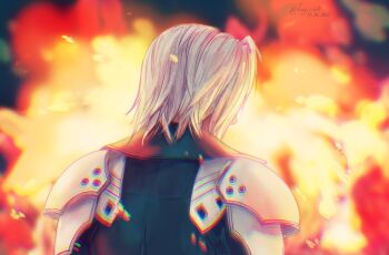 Rule 34 | 1boy, aged down, armor, black jacket, dated, derivative work, embers, facing away, fiery background, final fantasy, final fantasy vii, final fantasy vii ever crisis, fire, from behind, grey hair, jacket, kay-i, male focus, pauldrons, screenshot redraw, sephiroth, sephiroth (ever crisis), short hair, shoulder armor, solo, turning around, twitter username, upper body