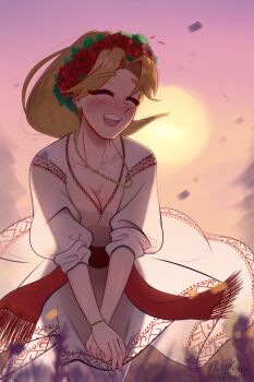 1girl absurdres blonde_hair blush breasts cleavage closed_eyes clothing_request cloud commentary cosplay crossed_knees english_commentary flower fluffkaiser hair_flower hair_ornament head_wreath highres long_hair marilyn_monroe marilyn_monroe_(cosplay) medium_breasts open_mouth original outdoors pantyhose red_sash russia russian_clothes sash sky slavic_clothes smile solo sun sunset teeth tongue upper_teeth_only wheat_field white_pantyhose