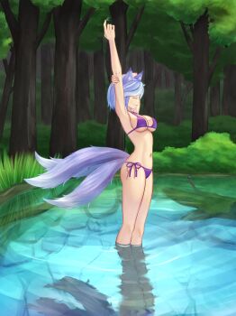 1girl absurdres animal_ears arm_up bikini breasts cleavage closed_eyes closed_mouth commentary dog_ears dog_girl extra_tails forest from_side full_body gradient_tail grey_hair highres holding_own_arm medium_breasts mikotouca mitsugashira_enoko nature navel outdoors purple_bikini purple_hair short_hair solo standing stretching swimsuit touhou variant_set wading