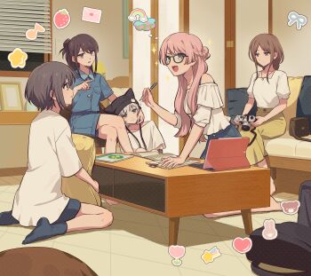 5girls absurdres animal_ear_headwear artist_request bang_dream! bang_dream!_it's_mygo!!!!! beanie black_hat blue_eyes blue_shorts blue_socks blush braid brown_hair brown_skirt camera chihaya_anon closed_mouth commentary commission couch crossed_legs fake_animal_ears fang glasses grey_eyes grey_hair half_up_braid half_updo hat heterochromia highres holding holding_camera hugging_object indoors kaname_raana long_hair mole mole_under_eye multiple_girls mygo!!!!!_(bang_dream!) nagasaki_soyo no_shoes off-shoulder_shirt off_shoulder open_mouth parted_lips pillow pillow_hug pink_hair purple_eyes raana_the_cat second-party_source shiina_taki shirt short_hair short_sleeves shorts sitting skirt socks squeans tablet_pc takamatsu_tomori wariza white_shirt window_blinds yellow_eyes