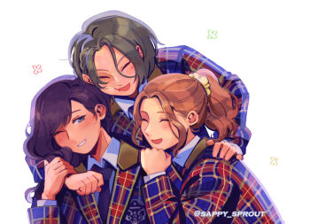 3girls :d arm_around_neck black_necktie blue_eyes blue_jacket blue_shirt blush brown_hair cheek_press closed_eyes collared_shirt curtained_hair emblem facing_another flower_symbol grey_hair grin hair_between_eyes hair_ornament hair_over_shoulder hair_scrunchie hand_on_another's_shoulder hand_on_another's_wrist head_tilt heads_together honami_hisame jacket lapels leaning_on_person long_hair long_sleeves looking_to_the_side minase_suzu multicolored_jacket multiple_girls necktie open_mouth parted_bangs plaid_clothes plaid_jacket ponytail purple_hair red_jacket sappy_sprout school_uniform scrunchie seiran_general_art_institute_school_uniform shirt short_hair shoujo_kageki_revue_starlight sideways_glance simple_background smile twitter_username upper_body wavy_sidelocks white_background wide_sleeves yanagi_koharu yellow_scrunchie
