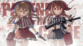 2girls absurdres bag black_skirt blue_eyes bow bowtie broken_heart broken_heart_hair_ornament brown_hair closed_mouth clown_nose commentary cowboy_shot english_commentary evil_neuro-sama facial_mark fang gloves gun hair_ornament hat heart heart_hair_ornament highres holding holding_gun holding_weapon jester_cap kan1360 long_hair miniskirt multiple_girls neuro-sama polka_dot polka_dot_shirt puffy_short_sleeves puffy_sleeves red_bow red_bowtie red_eyes red_nose red_skirt shirt short_sleeves siblings sisters skin_fang skirt star_(symbol) teardrop_facial_mark turtle twins vedal_ai virtual_youtuber weapon white_gloves x_(symbol) x_facial_mark x_hair_ornament