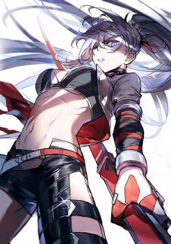 1girl absurdres alpha_(pgr) black_bra black_leggings blue_eyes bra breasts from_below grey_hair grey_jacket heterochromia highres holding holding_sheath jacket jsuwbsg katana leggings long_hair alpha:_crimson_weave_(pgr) mechanical_arms medium_breasts navel open_clothes open_jacket parted_lips ponytail punishing:_gray_raven red_eyes sheath sheathed single_detached_legging solo sports_bra sword underwear weapon