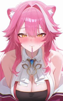 1girl absurdres anska ascot black_shirt blush breasts brooch center-flap_bangs cleavage closed_mouth collared_vest commentary double-parted_bangs english_commentary extra_ears food food_in_mouth highres hololive hololive_english incoming_pocky_kiss jacket jewelry large_breasts long_hair looking_at_another looking_at_viewer multicolored_hair off_shoulder panther_girl panther_tail pink_hair pink_jacket pocky pocky_in_mouth pov raora_panthera raora_panthera_(1st_costume) shirt sidelocks simple_background solo straight-on streaked_hair tail teeth upper_teeth_only very_long_hair vest virtual_youtuber white_ascot white_background white_streaks white_vest yellow_eyes