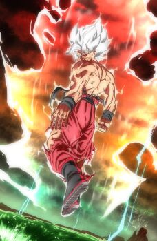 1boy absurdres aura dragon_ball dragonball_z from_behind full_body highres looking_at_viewer looking_back male_focus midair ocean official_alternate_color official_alternate_eye_color official_alternate_hair_color pants red_hair solo son_goku spiked_hair super_saiyan super_saiyan_1 topless_male torn_clothes torn_pants tspace32 white_hair