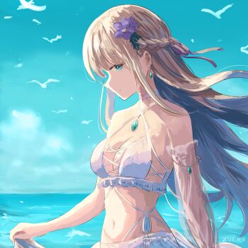 1girl absurdres aqua_eyes atnamiret bare_shoulders bikini bird blonde_hair blue_eyes blue_gemstone blue_sky braid breasts choker cleavage closed_mouth cloud day detached_sleeves earrings expressionless floating_hair flower frills gem hair_flower hair_ornament hair_ribbon heaven_burns_red highres jewelry long_hair looking_at_viewer medium_breasts navel ocean outdoors pink_ribbon purple_flower ribbon seagull see-through_clothes see-through_sleeves sky solo swimsuit toujou_tsukasa very_long_hair water white_bikini