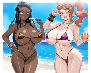 2girls :d absurdres alternate_breast_size_(larger) beach blue_eyes blue_hair blue_sky breasts choker cleavage cloud cup curvy day dynamax_band earrings eyewear_on_head food green_eyes greyscale handplug highres holding holding_cup holding_food holding_popsicle hoop_earrings jewelry monochrome multiple_girls navel nessa_(pokemon) nintendo ocean open_mouth orange_hair outdoors pokemon pokemon_swsh popsicle side_ponytail sky smile sonia_(pokemon) stomach sunglasses