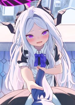 1boy 1girl absurdres ahoge black_halo blue_archive building commentary_request demon_girl demon_horns halo highres hina_(blue_archive) horns indoors long_hair looking_at_viewer maid necktie open_mouth purple_eyes sensei_(blue_archive) unsaki_kei very_long_hair white_hair