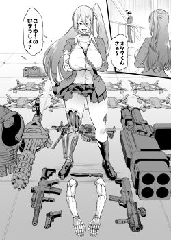 1boy 1girl android animal_print assault_rifle blush breasts choker collarbone commentary_request crossed_arms damaged drone fan_no_hitori gatling_gun gradient_hair greyscale groin gun hair_between_eyes hair_ornament hairclip handgun highres jacket knife large_breasts leopard_print leopard_print_panties long_hair looking_at_viewer m1_bazooka machine_gun mechabare mechanical_arms mechanical_legs monochrome multicolored_hair necktie one_side_up open_clothes open_jacket open_mouth original panties pantyshot pleated_skirt print_panties rifle rocket_launcher shirt shotgun side_ponytail skirt smile thighs underwear very_long_hair weapon white_shirt