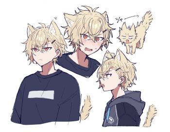 18trip 1boy animal_ear_fluff animal_ears animalization black_shirt blonde_hair cat_ears cat_tail closed_mouth crew_neck cropped_torso crossed_bangs dot_nose double-parted_bangs embarrassed fang hair_ornament hairclip hood hood_down hoodie knk_n kurama_ushio looking_at_viewer male_focus multiple_views open_mouth person_and_animalization profile red_eyes shirt short_hair simple_background sweatdrop tail white_background