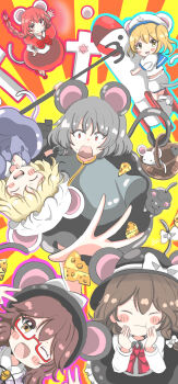 6+girls ^_^ anchor_print black_hat black_skirt blonde_hair blue_sailor_collar blush_stickers bow bowtie braid braided_ponytail brown_eyes brown_hair capelet cheese chinese_zodiac closed_eyes closed_mouth collared_dress collared_shirt commentary_request contrast_collar cross dress fang food frilled_skirt frills grey_capelet grey_hair hair_between_eyes hair_bow hand_on_own_hip hands_on_own_cheeks hands_on_own_face hat hat_bow hexagram highres kemonomimi_mode kitashirakawa_chiyuri kuronon long_sleeves maribel_hearn mimi-chan mob_cap mouse_(animal) mouse_girl mouse_tail multiple_girls nazrin okazaki_yumemi one_eye_closed open_mouth plaid_clothes plaid_vest puffy_short_sleeves puffy_sleeves purple_dress purple_vest quimbaya_airplane red_bow red_bowtie red_capelet red_eyes red_hair red_skirt sailor_collar sailor_hat shirt short_hair short_sleeves shorts signature skirt smile sunburst sunburst_background sweat tail teeth touhou upper_teeth_only usami_renko usami_sumireko vest waving white_bow white_hat white_shirt white_shorts year_of_the_rat