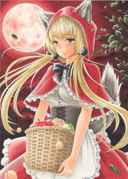 1girl animal_ears apple apron basket black_bow black_bowtie blonde_hair bow bowtie breasts capelet closed_mouth commentary_request corset cowboy_shot food frilled_apron frilled_capelet frilled_skirt frills fruit fruit_basket full_moon grey_eyes hair_bobbles hair_ornament highres holding holding_basket hood hooded_capelet large_breasts little_red_riding_hood_(fairy_tale) little_red_riding_hood_(fairy_tale_character) long_hair looking_at_viewer low_twintails marker_(medium) midori_(mira567) moon night outdoors peach pear red_capelet red_moon red_skirt red_sky ribbed_shirt shirt skirt sky solo standing tail traditional_media twintails waist_apron white_apron white_shirt wispy_bangs wolf_ears wolf_girl wolf_tail