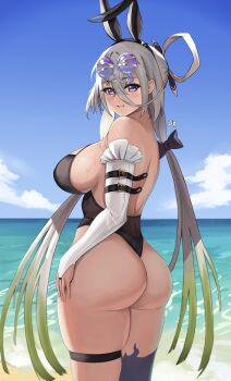 1girl absurdres animal_ears ass back bare_shoulders beach black_one-piece_swimsuit blush breasts detached_collar detached_sleeves eyewear_on_head fake_animal_ears fate/grand_order fate_(series) grey_hair hair_between_eyes hair_ornament hair_rings hairclip highleg highleg_one-piece_swimsuit highres huyan_zhuo_(fate) huyan_zhuo_(swimsuit_berserker)_(fate) icbm100 large_breasts long_hair looking_at_viewer low_twintails necktie one-piece_swimsuit plunging_neckline purple_eyes shore smile solo sunglasses swimsuit thigh_strap thighs twintails very_long_hair