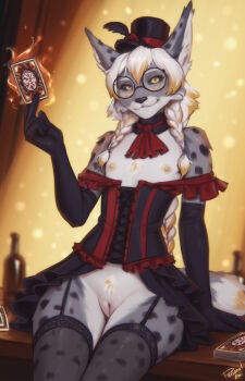 1girl animal_ears animal_nose artist_name black_gloves black_thighhighs blonde_hair body_fur braid card cleft_of_venus closed_mouth colored_tips commentary corset cowboy_shot detached_collar english_commentary flat_chest furry furry_female garter_straps gloves grey_fur hat highres holding holding_card long_hair looking_at_viewer magician multicolored_hair nipples original personal_ami pussy round_eyewear signature sitting solo spotted_fur tail thighhighs top_hat twin_braids two-tone_hair uncensored white_hair yellow_eyes
