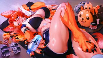 18dikart 1girl animal_ears animal_hands ass bag bandaid bottle breasts buffpup_(vtuber) claws cleavage commentary commission dog_paws english_commentary gamer_supps gym highres large_breasts long_hair lying muscular muscular_female on_back orange_hair scar scar_on_breasts shoulder_bag spikes sports_bra sweat tail thick_thighs thighs towel vchiban virtual_youtuber water_bottle werewolf wolf wolf_ears wolf_girl wolf_paws wolf_tail