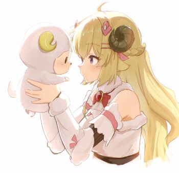 1girl ahoge animal cropped_torso detached_sleeves dress highres holding holding_animal hololive horns long_hair mocchan_(mo_chan0225) purple_eyes sheep sheep_horns tsunomaki_watame tsunomaki_watame_(1st_costume) virtual_youtuber watamate white_background white_dress