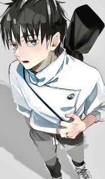 Rule 34 | 1boy, black hair, collared shirt, commentary request, grey background, grey eyes, grey pants, highres, jewelry, jujutsu kaisen, looking at viewer, male focus, mkyn29, okkotsu yuuta, open mouth, pants, ring, shirt, shoelaces, shoes, short hair, sleeves rolled up, sneakers, solo, standing, weapon, weapon on back, white shirt