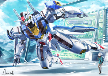 1girl amasaki_yusuke artist_name asticassia_school_uniform blue_sky cloud cloudy_sky flying full_body green_eyes gundam gundam_aerial gundam_suisei_no_majo long_hair mecha miorine_rembran mobile_suit robot school_uniform science_fiction sky thighhighs v-fin white_hair