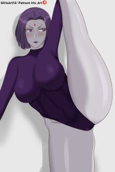 1girl absurdres ass blush breasts colored_skin dc_comics flexible grey_skin highleg highleg_leotard highres iris_art large_breasts leg_lift leotard purple_eyes purple_hair raven_(dc) shiny_skin short_hair standing standing_on_one_leg teen_titans wide_hips