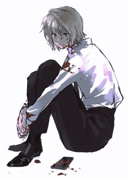 1boy 637_00e_seran black_pants black_shoes black_socks blood blood_on_clothes blood_on_face closed_mouth collared_shirt from_side hunter_x_hunter knees_to_chest knees_up kurapika looking_at_viewer male_focus pants shirt shirt_tucked_in shoes simple_background sitting socks solo white_background white_shirt