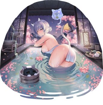 1girl 1other amase_chihiro amase_chihiro_(testing_the_water) animal_ears ass bath black_tail blue_eyes bow breasts bucket cat_ears cat_girl cat_tail chipy cup flower flower_request food from_behind fruit furry gradient_tail grey_tail hair_bun hand_on_own_chest heterochromia highres holding holding_food holding_fruit indoors large_breasts leaf looking_at_viewer naked_towel night non-web_source official_alternate_hairstyle partially_submerged petals petals_on_liquid plate poker_fate ripples shishi_odoshi sideboob solo_focus souzu tail tail_bow tail_ornament thighs towel towel_on_head transparent_background water wet white_hair wooden_bucket yellow_bow yellow_eyes