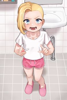 1girl bathroom blonde_hair blue_eyes blush corrupted_twitter_file dolphin_shorts eyelashes female_focus full_body happy highres holding holding_pregnancy_test loli looking_down onion_(tamanegi) open_mouth original pov pregnancy_test short_hair short_shorts shorts sink slippers solo standing