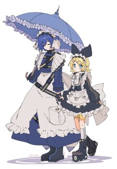 1boy 1girl 7takada alternate_costume apron aqua_eyes black_boots blonde_hair blue_hair boots closed_eyes commentary_request full_body hair_ornament hairclip highres holding holding_umbrella kagamine_rin kaito_(vocaloid) long_sleeves looking_at_viewer maid_apron maid_headdress puffy_long_sleeves puffy_sleeves shadow short_hair standing umbrella vocaloid white_apron