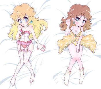 2girls babydoll blonde_hair blue_eyes blush breasts brown_hair cindysuke cleavage corset dakimakura_(medium) earrings flower_earrings garter_straps jewelry lingerie long_hair looking_at_viewer mario_(series) multiple_girls nintendo princess_daisy princess_peach socks thighhighs underwear