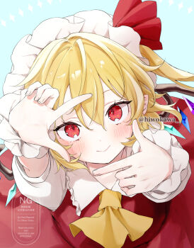 1girl aqua_background arms_up ascot blonde_hair closed_mouth collared_shirt commentary_request finger_frame flandre_scarlet frilled_shirt_collar frills hair_between_eyes hat hiwokawa looking_at_viewer looking_up mob_cap outstretched_arms puffy_short_sleeves puffy_sleeves red_eyes red_skirt red_vest shirt short_sleeves skirt smile solo touhou twitter_username vest watermark white_hat white_shirt wings wrist_cuffs yellow_ascot