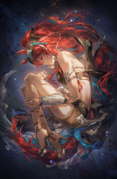 1girl animal_ears arknights bare_back bare_legs bare_shoulders bikini bikini_top_only black_bikini black_headband breasts brown_shoes brown_shorts commentary detached_sleeves english_commentary from_side headband helen_zzhao high_heels highres horse_ears horse_girl horse_tail long_hair narantuya_(arknights) parted_lips ponytail red_eyes red_hair shoes short_shorts shorts solo swimsuit tail