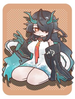 :/ ahoge antenna_hair arknights arm_support black_hair black_jacket bright_pupils collared_dress dress dusk_(arknights) fluffy_hair gradient_hair green_hair green_hands green_horns green_tail hair_over_one_eye halftone halftone_background highres horns jacket long_hair looking_at_viewer loose_hair_strand multicolored_hair necktie nunnuje_a_u_e off-shoulder_jacket off_shoulder orange_background orange_eyes pointy_ears red_necktie sidelocks sleeveless sleeveless_dress swept_bangs unkempt waving white_dress white_pupils white_tail