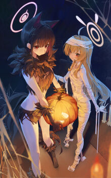 2girls absurdres animal_ears animal_hands bandages bikini black_bikini black_gloves black_hair black_shoes blonde_hair blue_archive blush cat_ears cat_girl closed_mouth colored_inner_animal_ears colored_inner_hair extra_ears fur_collar gloves hair_between_eyes halo highres holding holding_pumpkin kazusa_(blue_archive) kazusa_(halloween)_(blue_archive) long_hair looking_at_viewer multicolored_hair multiple_girls naked_bandage paw_gloves paw_shoes pink_hair pink_halo pumpkin red_eyes shoes short_hair sidelocks smile swimsuit tail two-tone_hair yoshimi_(blue_archive) yoshimi_(halloween)_(blue_archive) zhihuigugudegezi