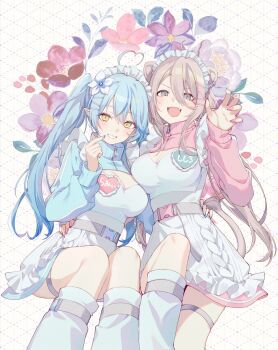 2girls :d ahoge alternate_costume animal_ear_piercing animal_ears apron arm_around_waist blue_hair blue_nails blue_shrug blue_sky breasts character_name claw_pose cleavage colored_tips commentary_request crossed_bangs double-parted_bangs fangs finger_heart floral_background flower grey_eyes grey_hair grin hair_between_eyes hair_flower hair_ornament hairclip hand_up heart heart_ahoge highres hololive jersey_maid large_breasts leg_warmers lion_ears lion_girl lion_tail long_hair long_hair_between_eyes long_sleeves looking_at_viewer maid maid_headdress miniskirt multicolored_hair multiple_girls nail_polish open_mouth pink_nails pink_shrug pink_skirt pointy_ears shirt shishiro_botan shrug_(clothing) single_leg_warmer skirt sky smile streaked_hair swept_bangs tail thigh_strap tomari_(veryberry00) turtleneck twintails unconventional_maid very_long_hair virtual_youtuber white_apron white_leg_warmers white_shirt yellow_eyes yukihana_lamy