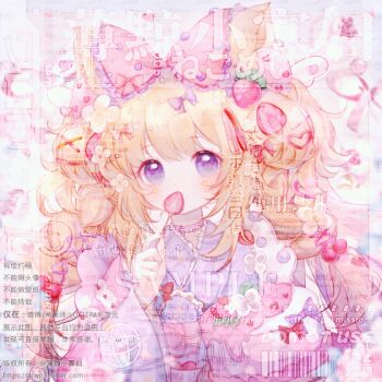 1girl animal_ears animated animated_gif apron barcode beads blinking blonde_hair boqing_xiao_guafu bow braid brooch capelet choker commission dot_nose eating facial_tattoo floating_hair flower flower_brooch flower_tattoo food food-themed_hair_ornament fork fox_ears frilled_apron frilled_bow frills fruit hair_beads hair_bobbles hair_bow hair_flower hair_ornament hair_ribbon hairclip happy holding holding_fork ice_cream japanese_clothes jewelry kimono large_bow light_blush long_hair long_sleeves multiple_hair_bows open_mouth original petals pink_bow pink_capelet pink_choker purple_bow purple_eyes purple_kimono purple_ribbon red_bow ribbon ribbon-trimmed_capelet ribbon_trim sample_watermark sidelocks smile solo strawberry strawberry_hair_ornament tareme tattoo teeth too_many_watermarks tress_ribbon twin_braids twintails upper_body upper_teeth_only very_long_hair watermark white_apron white_background white_flower wide_sleeves x_hair_ornament yellow_flower