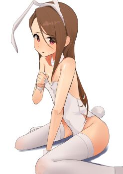 1girl absurdres animal_ear_hairband animal_ears arm_between_legs backless_leotard blush bow bowtie brown_eyes brown_hair ch2haya_p detached_collar fake_animal_ears fake_tail flat_chest hair_between_eyes hairband highleg highleg_leotard highres idolmaster idolmaster_(classic) kneeling leotard loli long_hair long_hair_between_eyes looking_at_viewer minase_iori open_mouth playboy_bunny rabbit_ear_hairband rabbit_ears rabbit_tail simple_background solo strapless strapless_leotard tail thighhighs white_background white_thighhighs white_wrist_cuffs wrist_cuffs