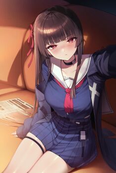 1girl :i absurdres bagya black_choker black_hair black_jacket black_shirt black_skirt blush breasts chisa_(wuthering_waves) choker collarbone commentary hair_ribbon highres jacket long_hair looking_at_viewer medium_breasts mole mole_under_eye neckerchief pout red_eyes red_neckerchief red_ribbon ribbon sailor_collar shirt sitting skirt solo symbol-only_commentary thigh_strap thighs white_sailor_collar wuthering_waves