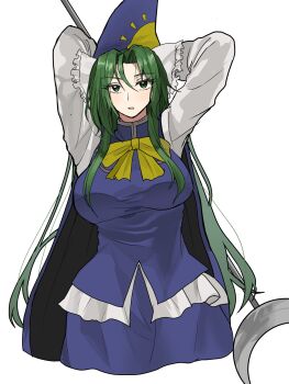 1girl arms_behind_head blue_skirt blue_vest breasts expressionless green_eyes green_hair hair_between_eyes hat highres holding holding_staff large_breasts long_hair long_sleeves looking_at_viewer mima_(touhou) parted_lips shirt skirt solo staff touhou touhou_(pc-98) vest white_background white_shirt youna_nan
