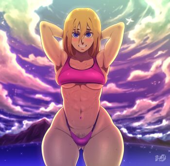 1girl absurdres arms_up bikini blonde_hair blue_eyes blush breasts cloud cloudy_sky d-art female_focus female_pubic_hair highres krista_lenz long_hair looking_at_viewer medium_breasts muscular muscular_female pubic_hair pubic_hair_peek shingeki_no_kyojin sky smile solo swimsuit water