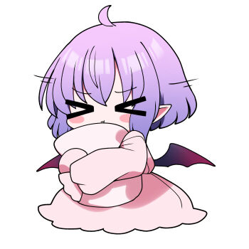 >_< 1girl absurdres ahoge bat_wings blue_hair blush closed_eyes commentary_request hair_between_eyes highres holding holding_pillow hugging_object pajamas pillow pillow_hug pink_pajamas pink_pillow pointy_ears pout remilia_scarlet shaking_head short_hair simple_background solo touhou white_background wings you_(noanoamoemoe)