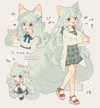 Rule 34 | 1girl, :d, ;3, blue bow, blue bowtie, blue flower, blue shoes, blush, bow, bowtie, braid, cardigan, center frills, character request, chibi, chibi inset, collared shirt, commentary, commission, copyright request, dress, fang, floral print, flower, footwear flower, fox girl, fox shadow puppet, frilled dress, frills, gomafuto, green dress, green hair, hair flower, hair ornament, halter dress, halterneck, hat, highres, long hair, looking at viewer, multiple tails, multiple views, one eye closed, open cardigan, open clothes, open mouth, plaid clothes, plaid dress, platform sandals, purple eyes, red bow, red bowtie, red shoes, sailor dress, sandals, shirt, shoes, short dress, side braids, skeb commission, sleeveless, sleeveless dress, smile, socks, straw hat, tail, very long hair, white cardigan, white dress, white flower, white shirt, white socks