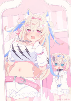 2girls absurdres animal_ear_fluff animal_ears bandaid bandaid_hair_ornament belt black_collar blonde_hair blue_belt blue_streaks breasts cleavage collar cosplay costume_switch dog_ears dog_girl dog_tail dress fang fuwawa_abyssgard fuwawa_abyssgard_(1st_costume) fuwawa_abyssgard_(cosplay) hair_ornament hairpin highres hinata_hirune hololive hololive_english large_breasts long_hair medium_hair mococo_abyssgard mococo_abyssgard_(1st_costume) mococo_abyssgard_(cosplay) multicolored_hair multiple_girls navel open_mouth pink_belt pink_eyes pink_streaks shirt shorts siblings sisters skin_fang small_breasts spiked_collar spikes streaked_hair tail twins two_side_up very_long_hair virtual_youtuber white_dress white_shirt white_shorts x_hair_ornament