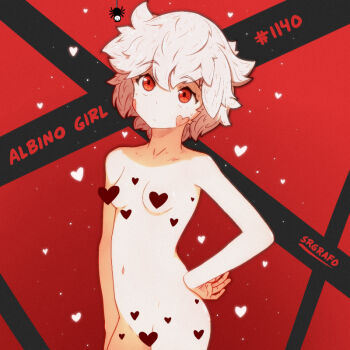 1boy 1girl albino_girl_(srgrafo) artist_name artist_self-insert blush_stickers breasts bug censored character_name closed_mouth completely_nude cowboy_shot dot_mouth dot_nose hair_between_eyes hand_on_own_hip heart heart-shaped_blush_stickers heart_censor looking_at_another navel nude original red_background red_eyes short_hair small_breasts spider srgrafo sweatdrop white_hair