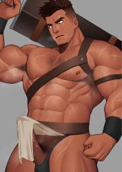 Rule 34 | 1boy, abs, armpit hair, armpits, bara, bulge, chest harness, clenched hand, clothes lift, cowboy shot, dark-skinned male, dark skin, erection, erection under clothes, facial hair, goatee, greatsword, harness, highres, holding, holding sword, holding weapon, kansuke (kansuke 717), large pectorals, male focus, male pubic hair, muscular, muscular male, nipples, original, pectorals, pelvic curtain, pelvic curtain lift, penis, penis out, penis peek, pubic hair, scar, solo, sparse chest hair, standing, sword, thick eyebrows, thick thighs, thighs, too many, too many scars, tsurime, undercut, weapon