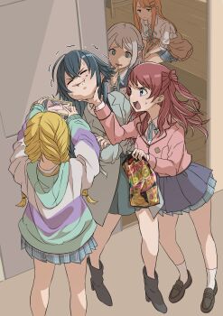 5girls :i absurdres ahoge blazer blue_ribbon blue_skirt braid calbee_(potato_chips) cellphone cellphone_photo cheek_bulge chips_(food) closed_eyes coat commentary crossed_arms facing_away food food_on_face french_braided_twintails fujita_kotone gakuen_idolmaster grey_coat hair_flaps hair_ribbon half_up_braid hanami_saki hatsuboshi_gakuen_school_uniform highres holding holding_phone idolmaster indoors jacket jitome katsuragi_lilja long_hair looking_at_another multicolored_jacket multiple_girls neck_ribbon phone pink_jacket pleated_skirt potato_chips recording ribbon ribbon_braid school_uniform shirt shiun_sumika skirt smartphone snack_bag straight_hair sweatdrop taida_ranshii trembling tsukimura_temari v-shaped_eyebrows white_shirt