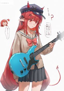 Rule 34 | 2girls, :/, ?, absurdres, arknights, black hat, black nails, black ribbon, black skirt, blue sailor collar, bocchi the rock!, bow, brown shirt, chibi, chibi inset, commentary, cosplay, demon horns, demon tail, dot nose, electric guitar, expressionless, guitar, hair ornament, hairpin, hat, hat belt, highres, holding, holding guitar, holding instrument, horns, horns through headwear, instrument, jewelry, kita ikuyo, kita ikuyo (cosplay), light blush, long hair, long sidelocks, long sleeves, low-tied long hair, multiple girls, newsboy cap, pleated skirt, pointy ears, red bow, red eyes, red hair, request inset, ribbon, ring, sailor collar, school uniform, shirt, sidelocks, skirt, solo focus, speech bubble, surprised, symbol-only commentary, tail, translation request, uof, vigna (arknights)