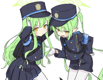 2girls :d armband arms_up blue_archive blue_armband blue_hat blue_jacket blue_shorts blue_skirt blush buttons closed_mouth commentary cowboy_shot double-breasted fang fusazakura gloves green_hair green_halo halo hat hikari_(blue_archive) jacket long_hair long_sleeves looking_at_viewer multiple_girls nozomi_(blue_archive) open_mouth pantyhose pantyhose_under_shorts pleated_skirt pointy_ears shorts siblings sidelocks simple_background sisters skin_fang skirt smile twins twintails white_background white_gloves white_pantyhose yellow_eyes