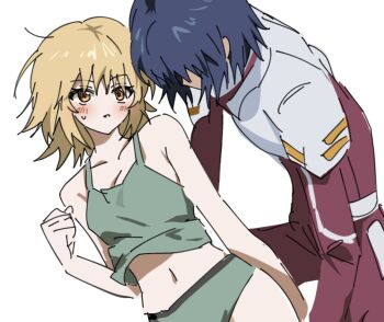 1boy 1girl athrun_zala bare_arms bare_shoulders blonde_hair blue_hair blush breasts brown_hair cagalli_yula_athha camisole cleavage commentary_request green_camisole green_panties gundam gundam_seed hair_between_eyes hetero highres jacket korean_commentary looking_at_another medium_breasts medium_hair messy_hair midriff navel panties pants parted_lips red_jacket red_pants sketch sweatdrop syst098 underwear upper_body white_background