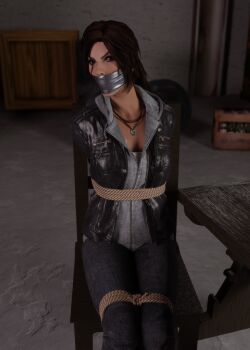1girl 3d arms_behind_back bdsm bondage bound bound_legs breasts brown_eyes brown_hair chair gag gagged improvised_gag iorel-renders jewelry lara_croft looking_at_viewer necklace tape tape_gag tied_to_chair tomb_raider
